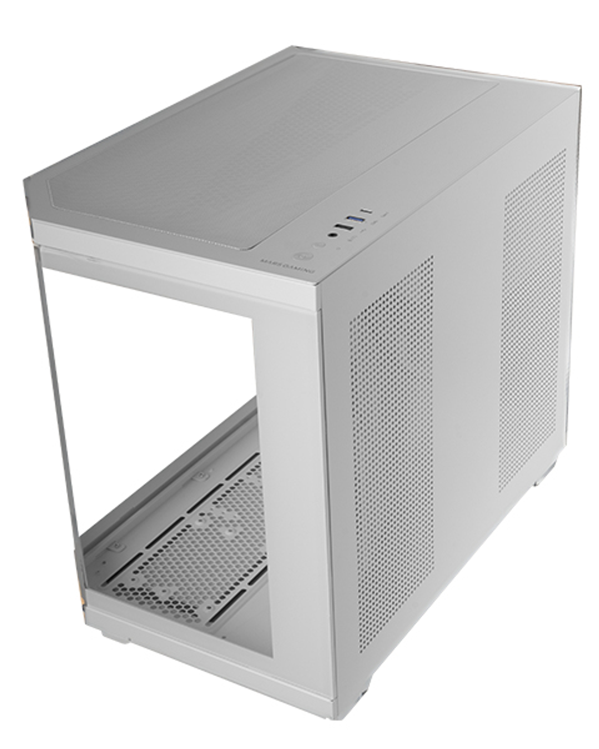 Un case per computer bianco con un pannello laterale in vetro. La parte superiore ha prese d'aria e pulsanti di controllo. Il lato ha fori di ventilazione.