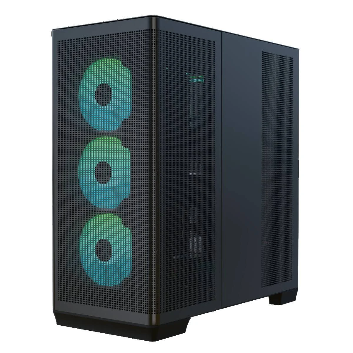 Case per computer nero con tre ventole illuminate nella parte anteriore. Le ventole hanno un bagliore blu e verde e il case ha un design a rete.