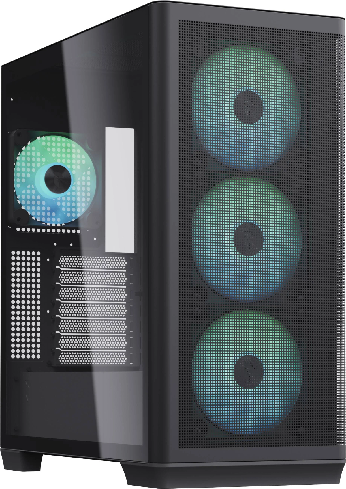 Case per computer nero con lato in vetro. Include ventole RGB, pannello frontale a rete e componenti interni visibili.