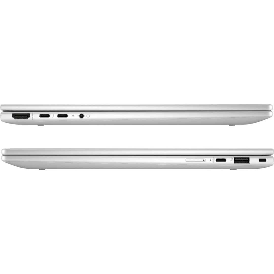 Dos portátiles plateados se muestran uno al lado del otro. Se ven puertos y funciones, incluyendo HDMI, USB y conectores de audio.