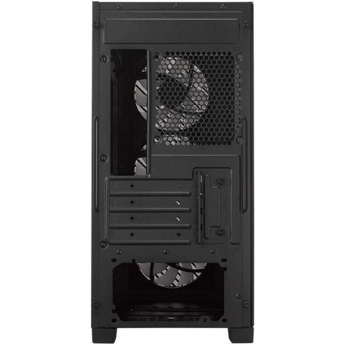 Vista posteriore di un case per computer nero. Ha una ventola, fessure e slot per schede di espansione.