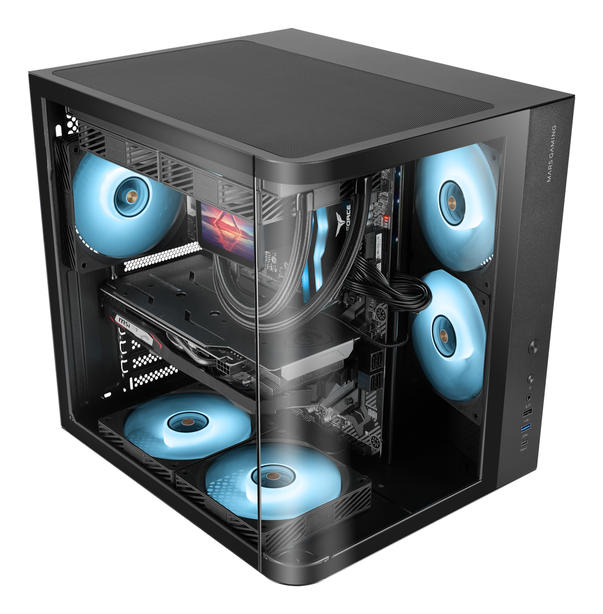 Un case per computer con ventole blu luminose. All'interno ci sono componenti come una scheda grafica e una scheda madre.