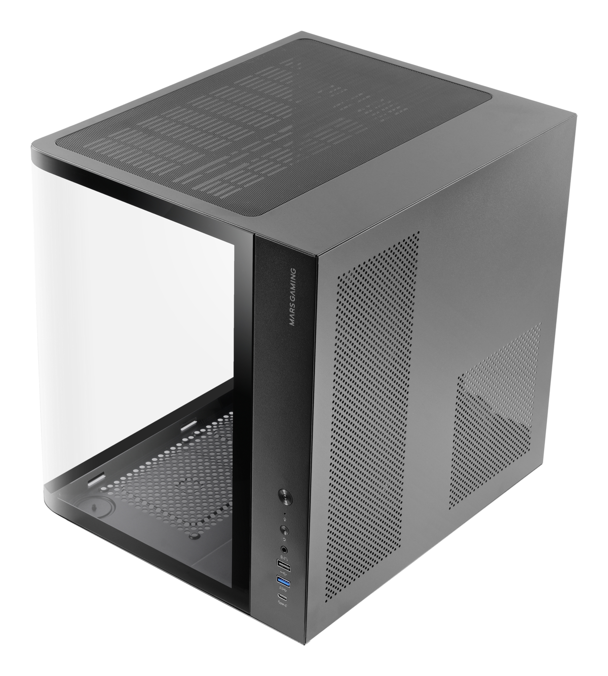 Un case per computer nero, con pannello laterale in vetro e parte superiore in rete. Il pannello frontale ha porte e il lato è perforato.