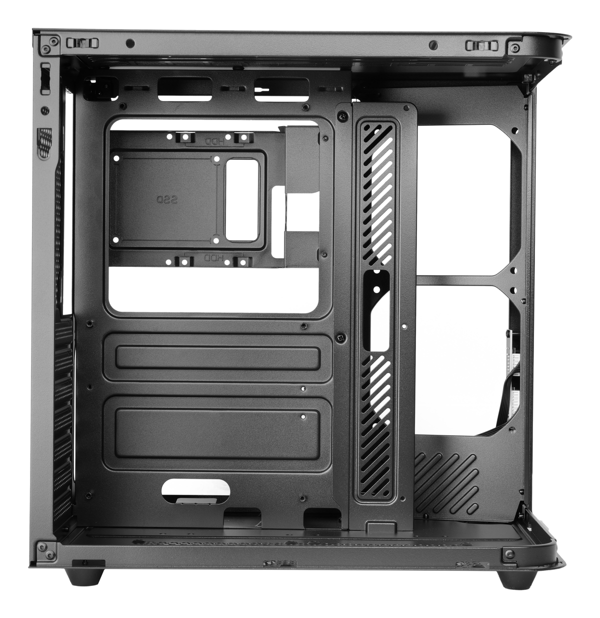 Un case per computer grigio scuro e aperto. Presenta vari scomparti e aperture per i componenti. Il case è vuoto.
