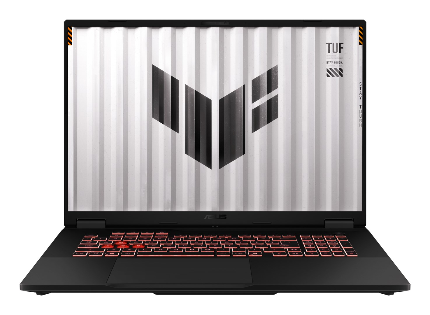 Czarny laptop z podświetlaną na czerwono klawiaturą. Ekran wyświetla czarno-białe logo. Marka to TUF. Napisano Stay tough.