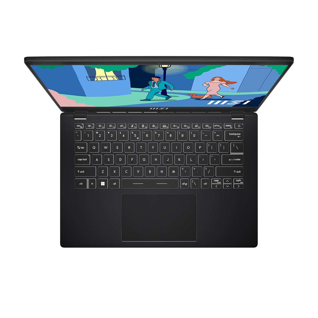 Portátil MSI negro abierto. La pantalla muestra personajes de dibujos animados. Teclado visible, con panel táctil debajo. Vista superior, fondo blanco.