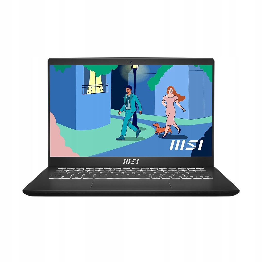 La laptop muestra una escena de dibujos animados: un hombre y una mujer caminando, un perro y un edificio. La laptop es negra.