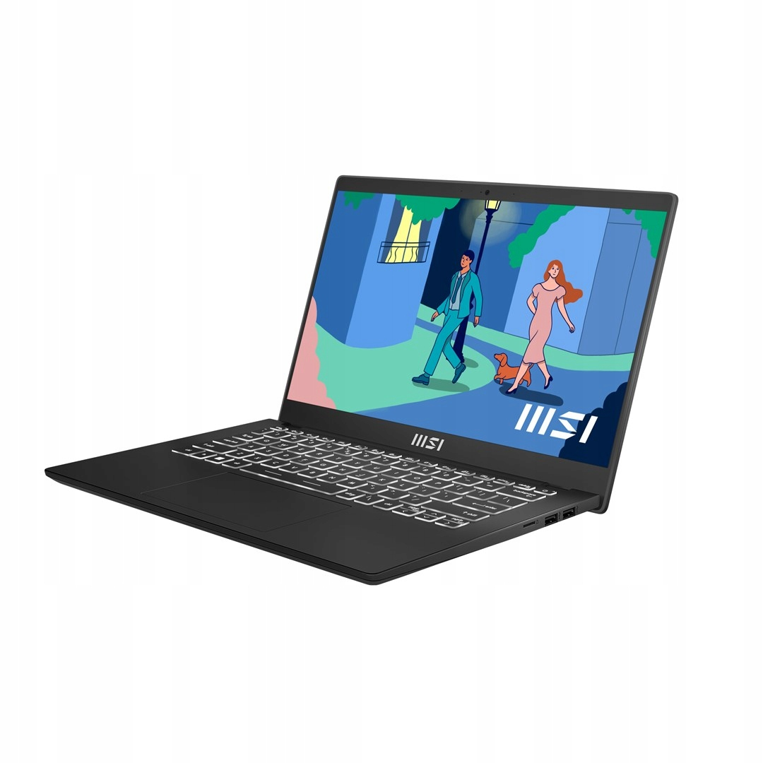 Portátil negro con pantalla que muestra una caricatura de personas caminando. El teclado es blanco.