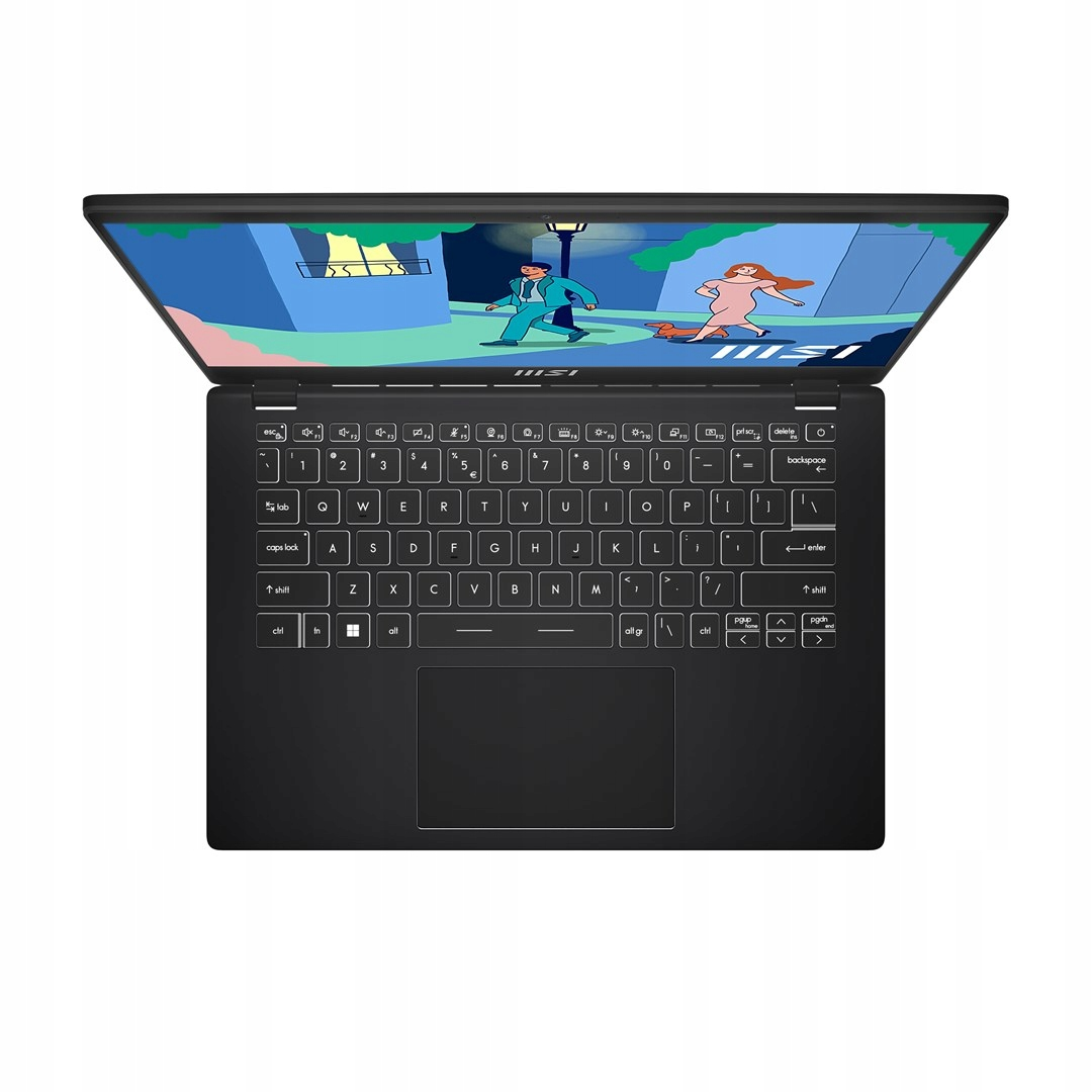 Laptop MSI negro con pantalla abierta que muestra una caricatura. Teclado visible. La pantalla muestra dos figuras.