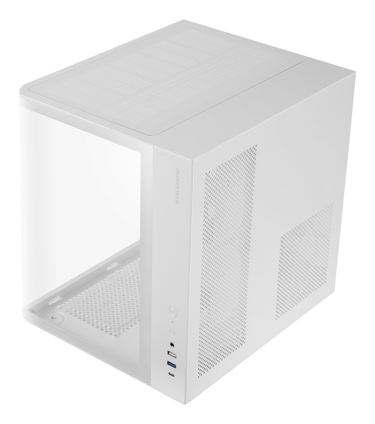 Una caja de computadora blanca con un panel lateral transparente. Tiene un lado perforado y una malla superior.