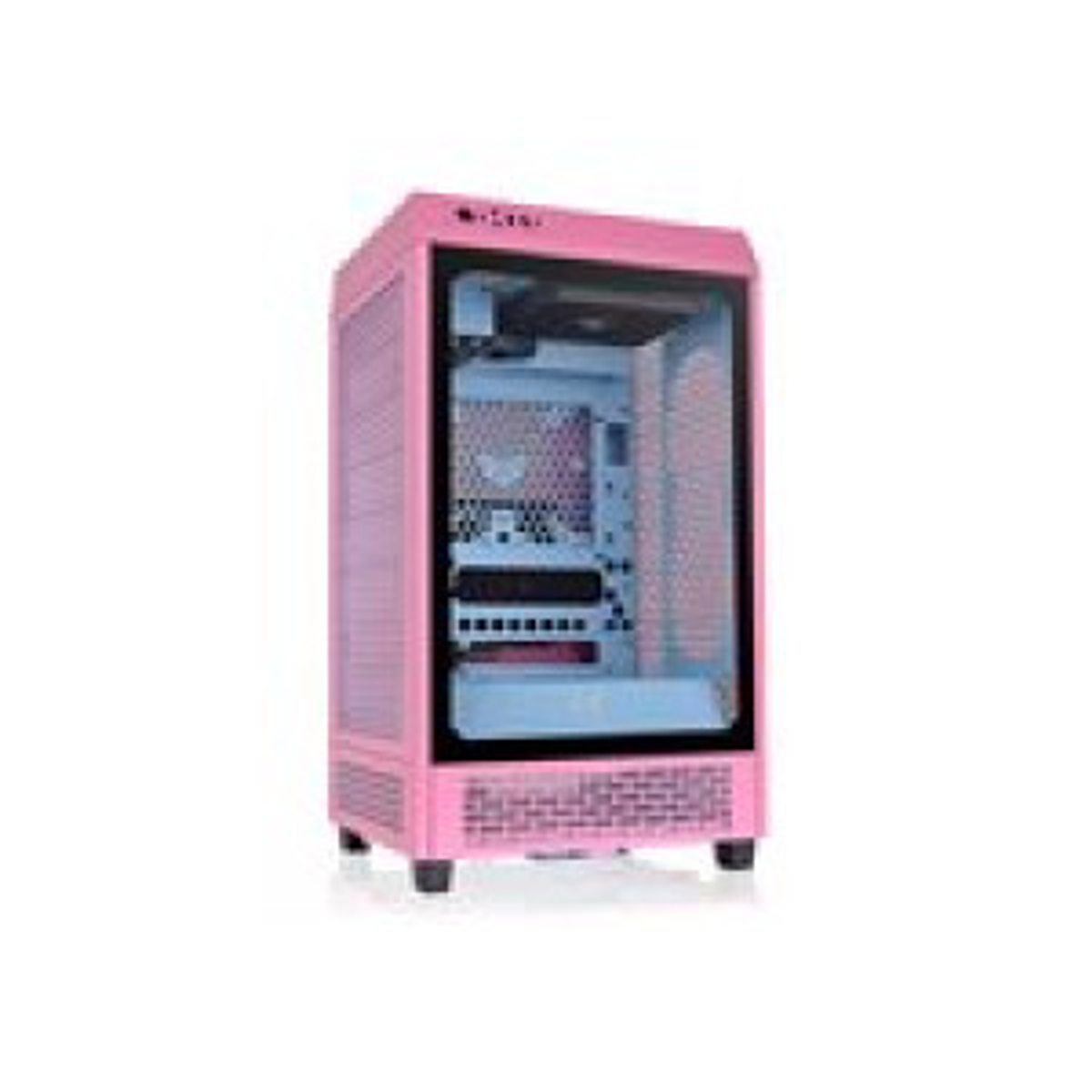 Un case per computer rosa su sfondo bianco. Ha un pannello laterale in vetro e un frontale a rete, con componenti interni visibili.