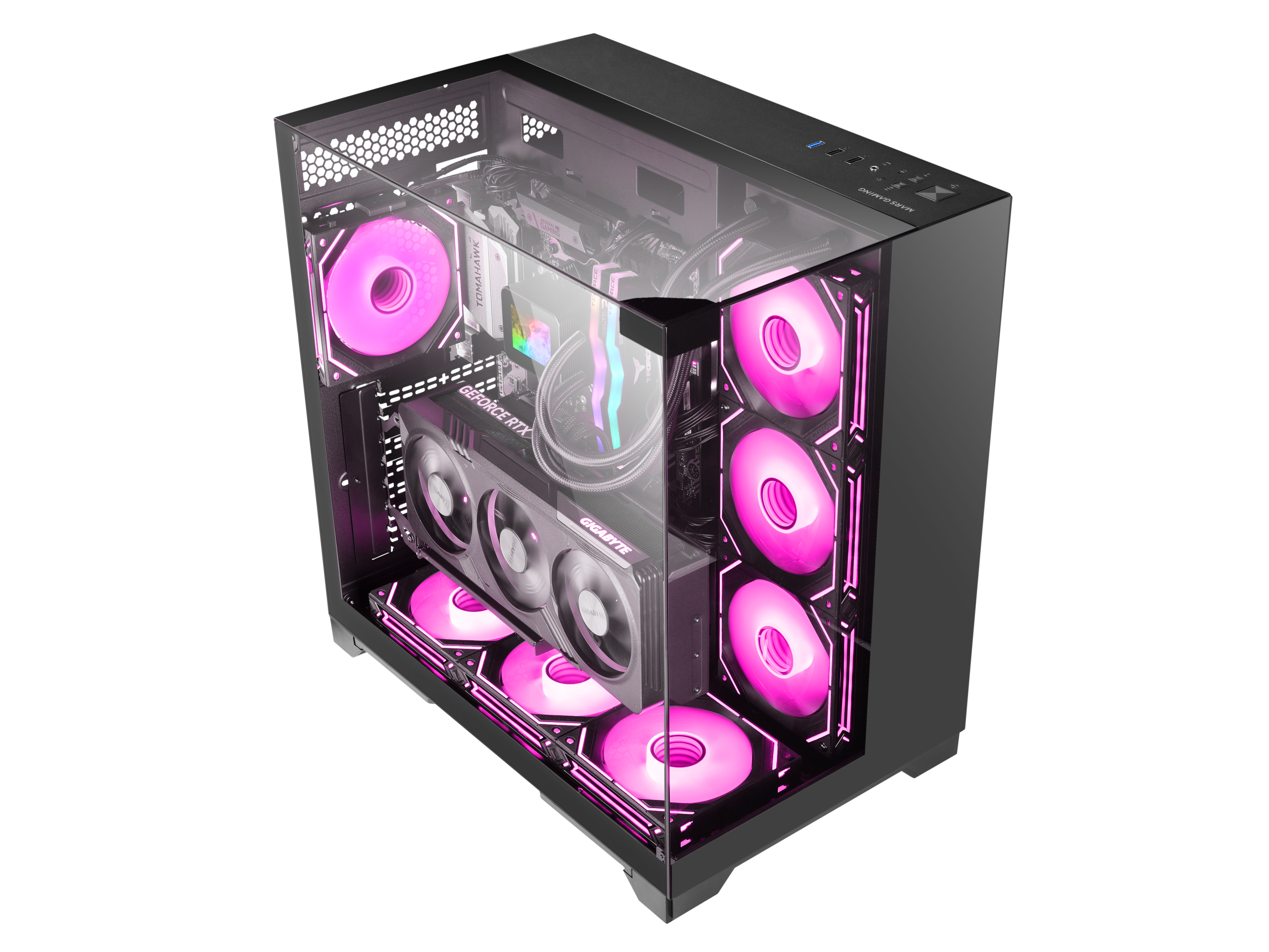 Un case per computer con pannello laterale in vetro. All'interno, ci sono ventole rosa e una scheda grafica.
