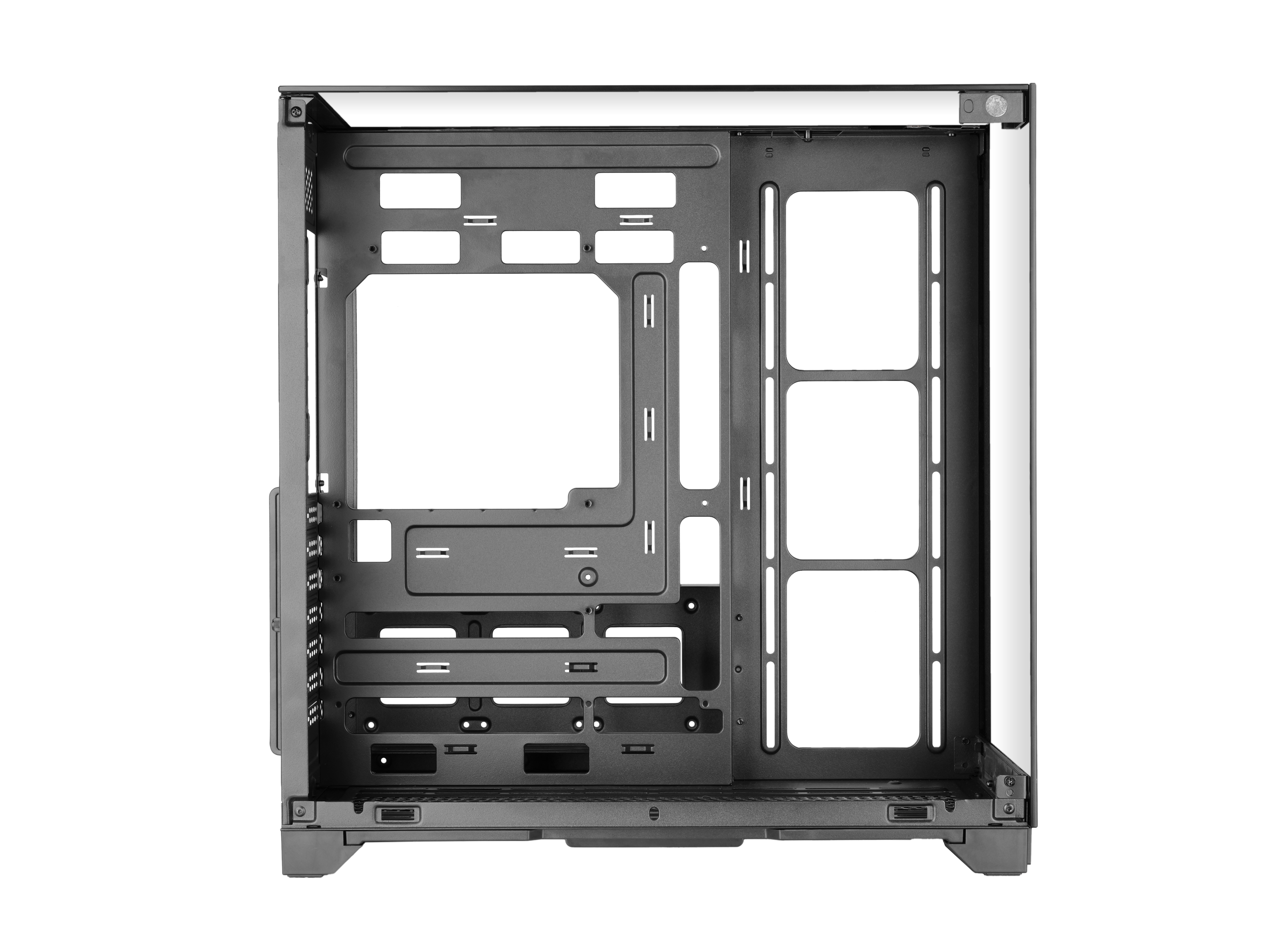 Struttura di un case per computer nera, vuota all'interno, con aperture. Pannello di vetro a destra.