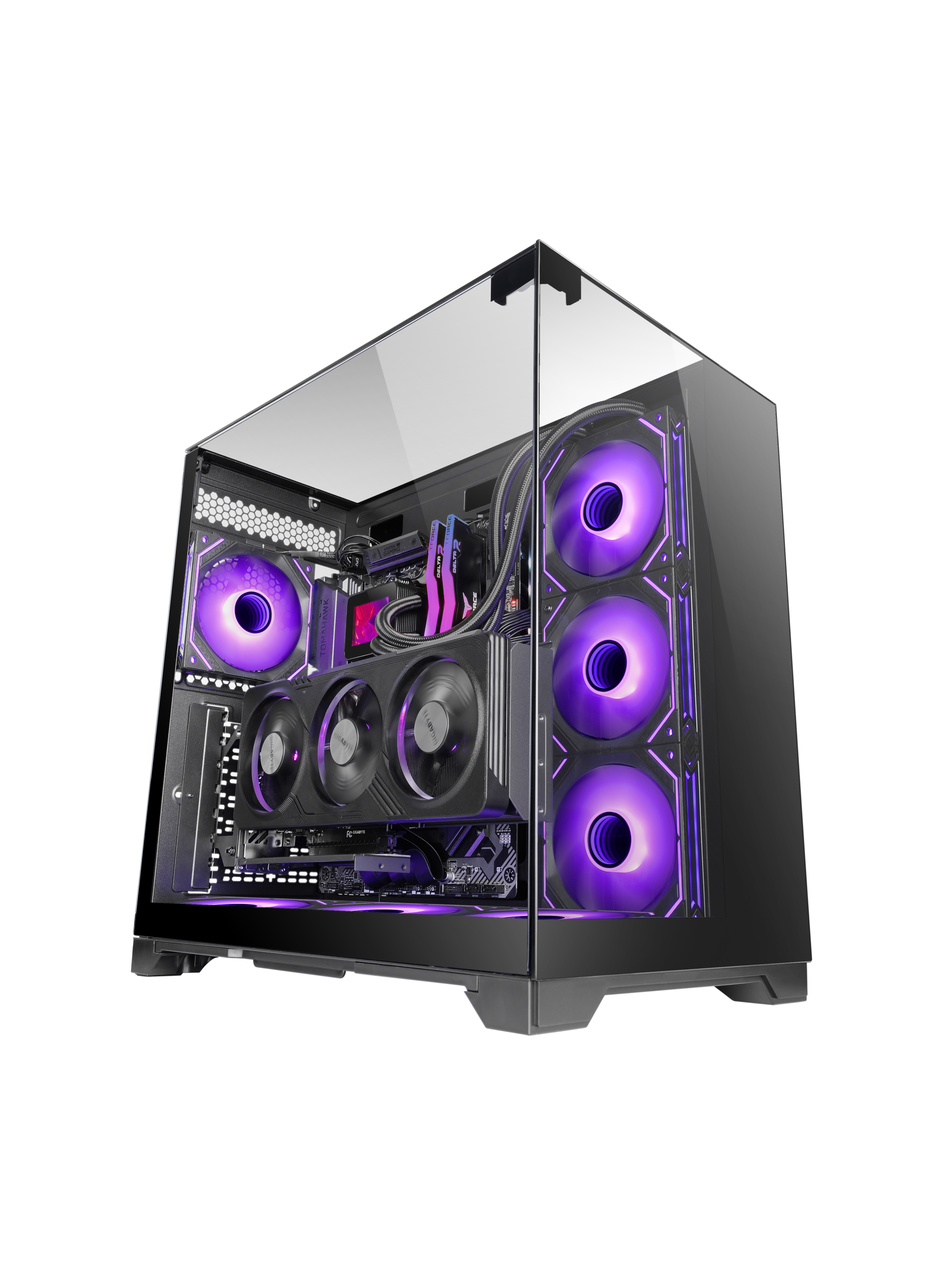 Un case per computer con pannelli in vetro che mostrano i componenti interni con luci viola. Ventole e hardware visibili.