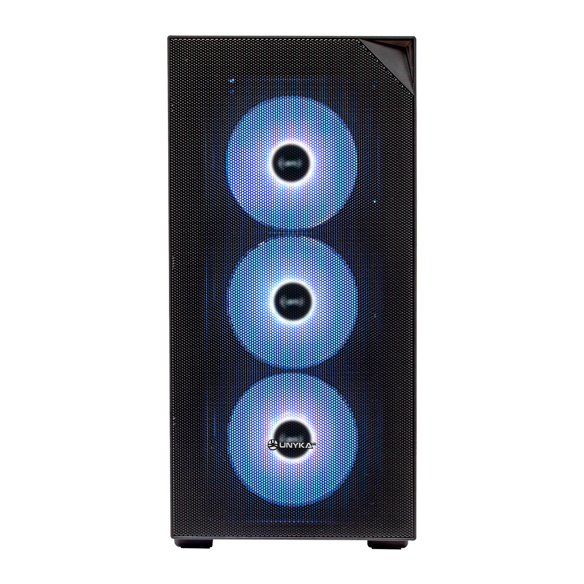 Un case per computer con tre ventole blu illuminate dietro un pannello frontale a rete. Logo UNYKA visibile. Il case è nero.