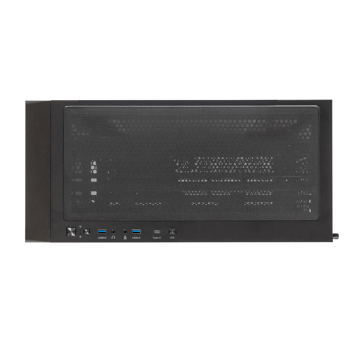 Un case per computer nero con una parte anteriore a rete. Ha porte USB, un jack audio e una porta Type-C.