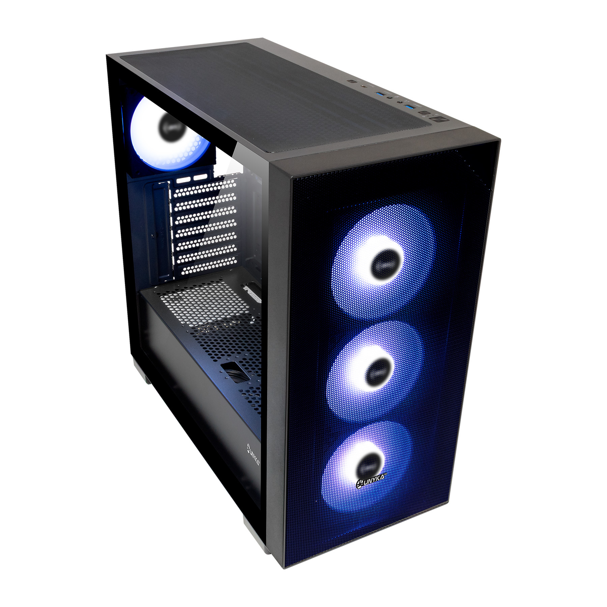Un case per computer nero con ventole luminose blu. Ha un pannello laterale in vetro e una parte superiore a rete. Sono visibili tre ventole.