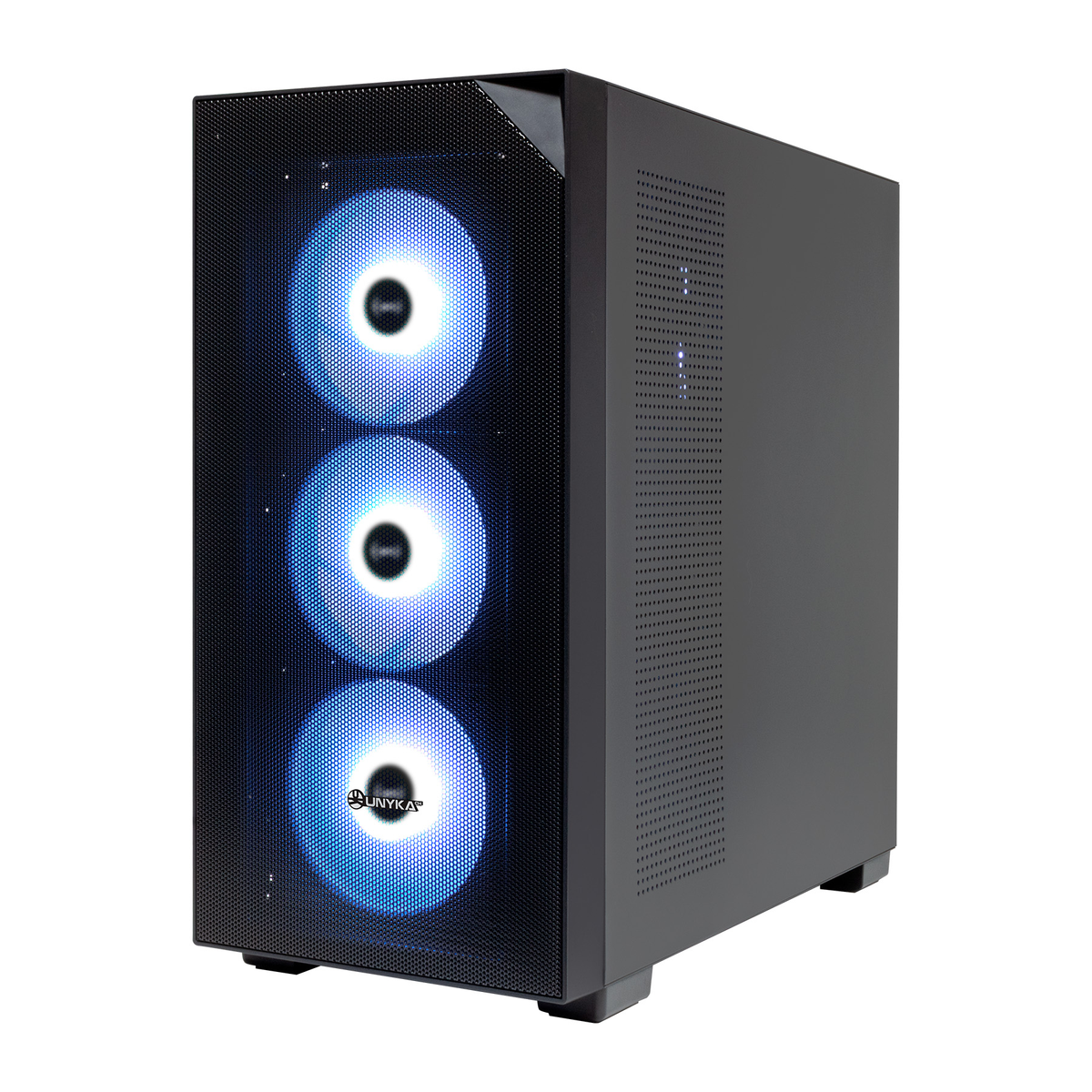 Un case per computer nero con tre ventole blu illuminate dietro un pannello frontale a rete. Logo UNYKA visibile. Il case è su sfondo bianco.