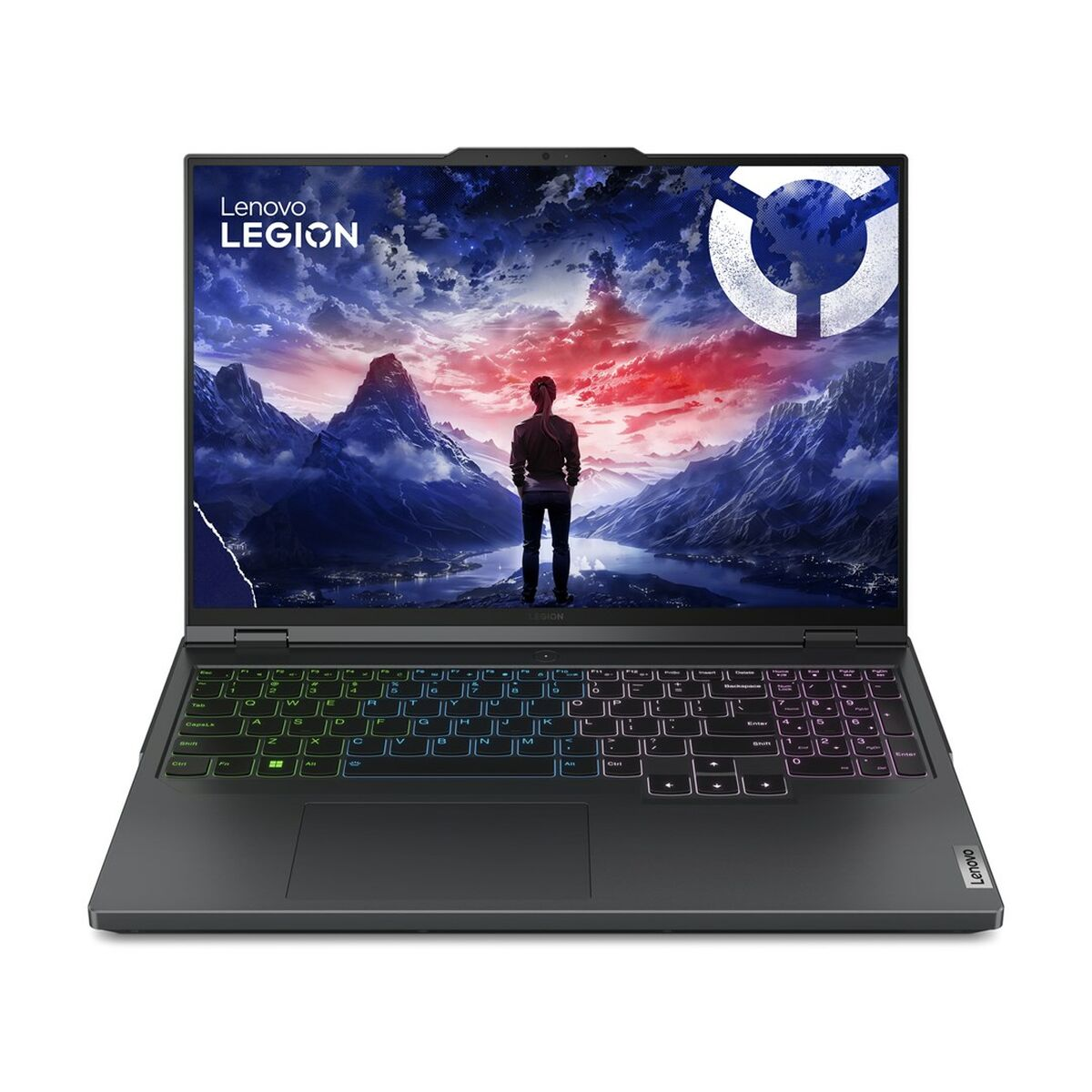Laptop Lenovo Legion wyświetlający osobę na tle górskiej scenerii, z logo Legion w lewym górnym rogu.