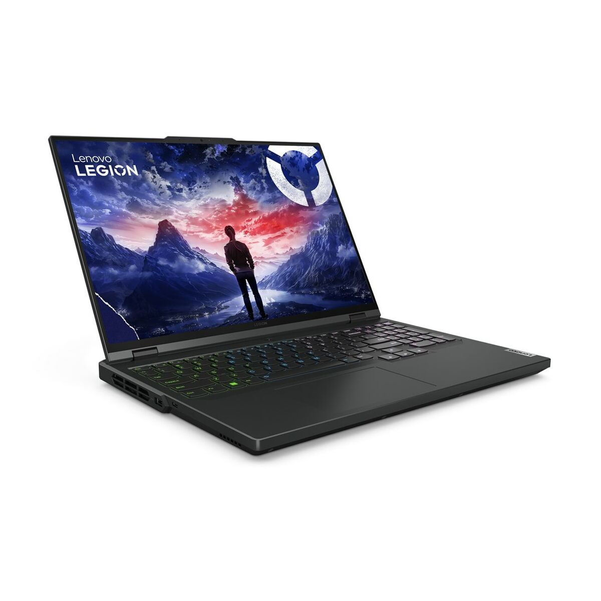Laptop Lenovo Legion wyświetla górską scenerię z postacią. Klawiatura i obudowa są czarne. Ekran wyświetla jasne logo.