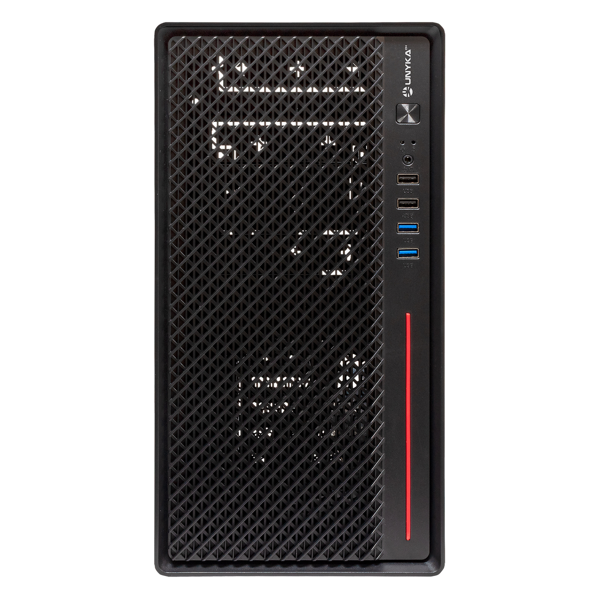 Carcasa de computadora negra con frontal de malla. Tiene una franja roja en el lateral. Se ven puertos y un botón de encendido.