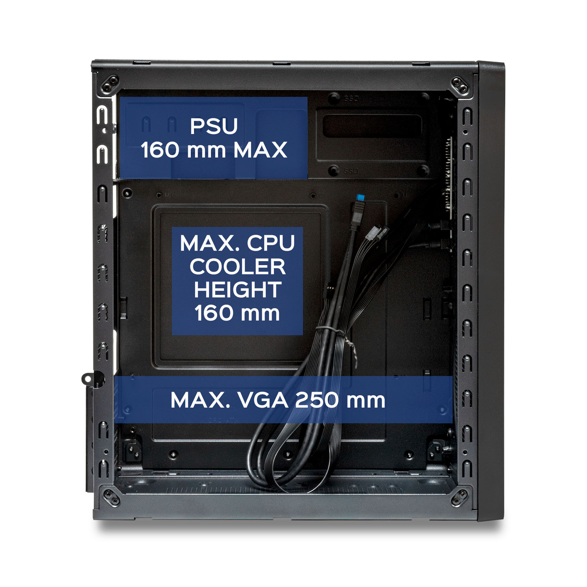 Se muestra el interior de una caja de ordenador. Tiene etiquetas para PSU, refrigerador de CPU y VGA, con límites de tamaño. Los cables son visibles dentro de la caja.