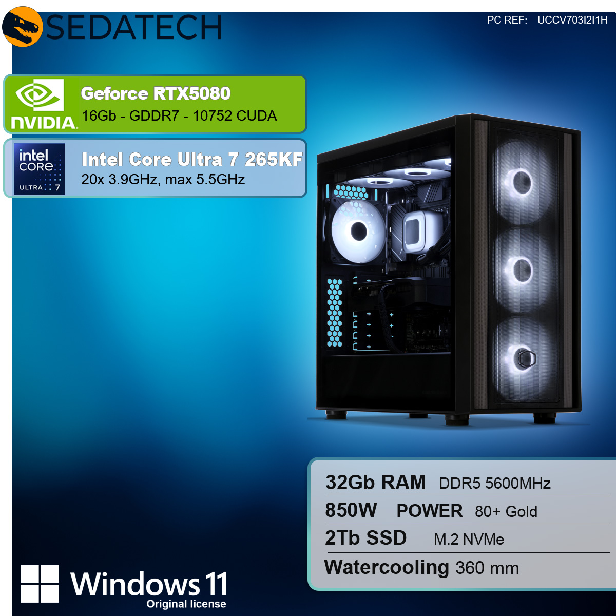 Un case per computer con ventole illuminate e specifiche hardware: RTX5080, Intel Core Ultra 7, 32 GB RAM, 2 TB SSD e Windows 11.