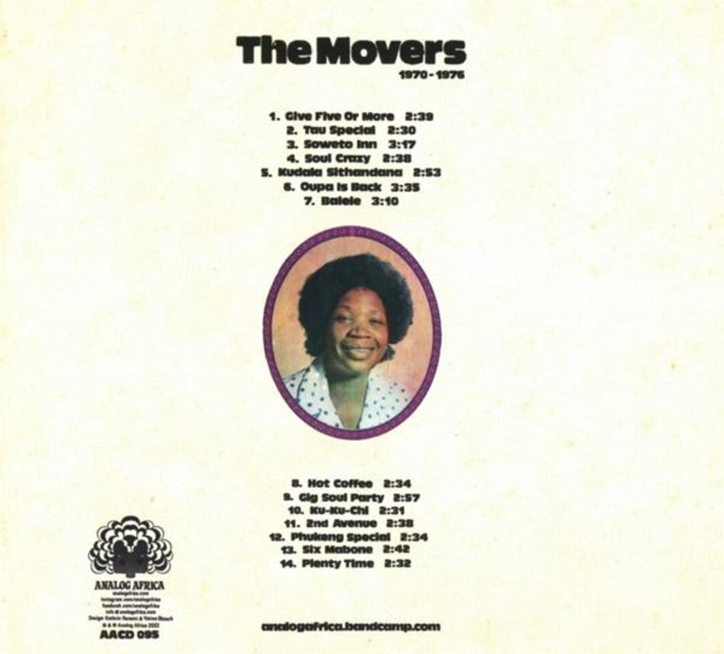Albumcover für The Movers. Enthält ein Foto einer Frau in einem ovalen Rahmen und eine Liste von Songs.