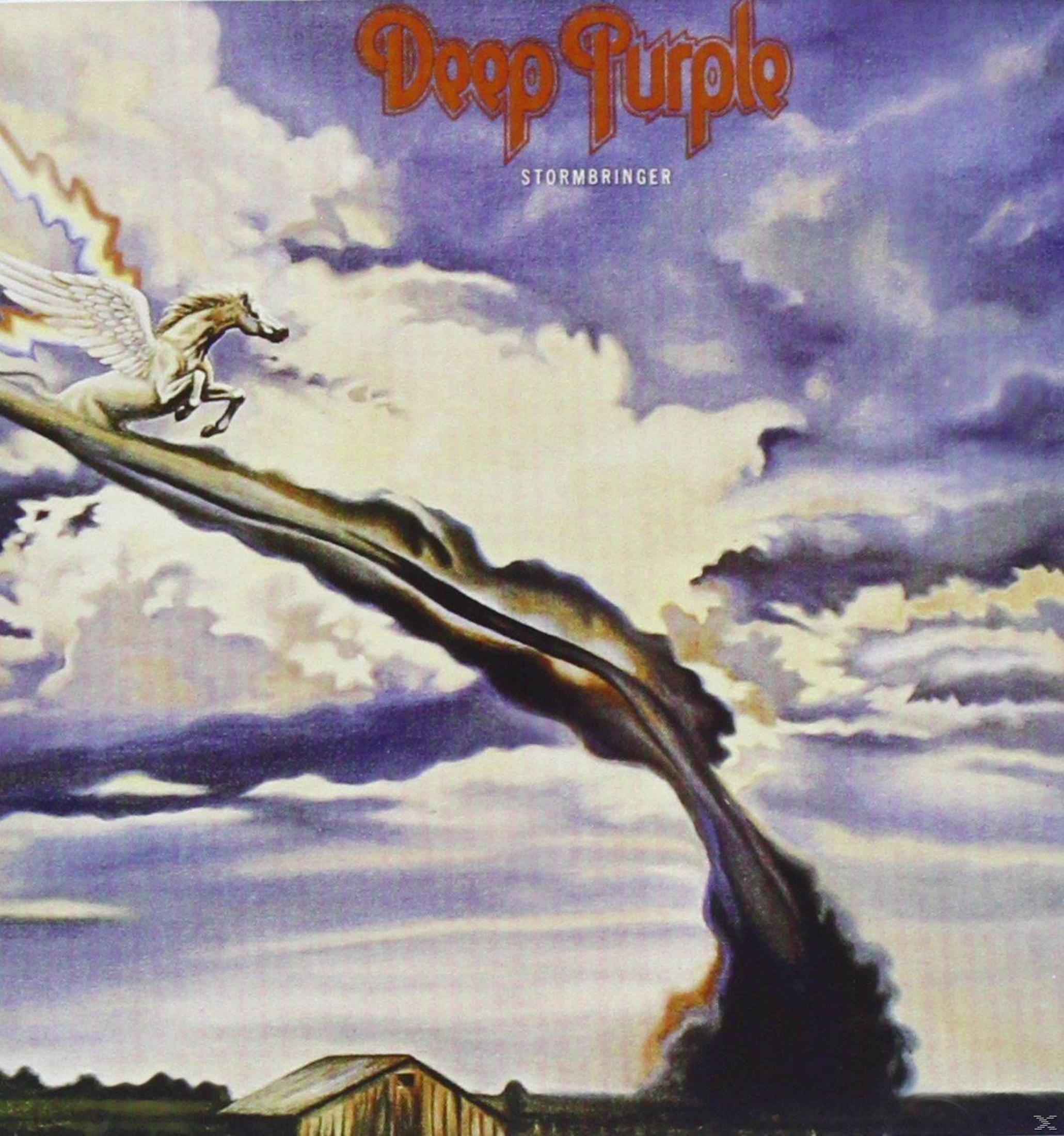 Copertina dell'album con un Pegaso che vola da una nuvola scura. Fienile in primo piano. Deep Purple, testo Stormbringer in alto.