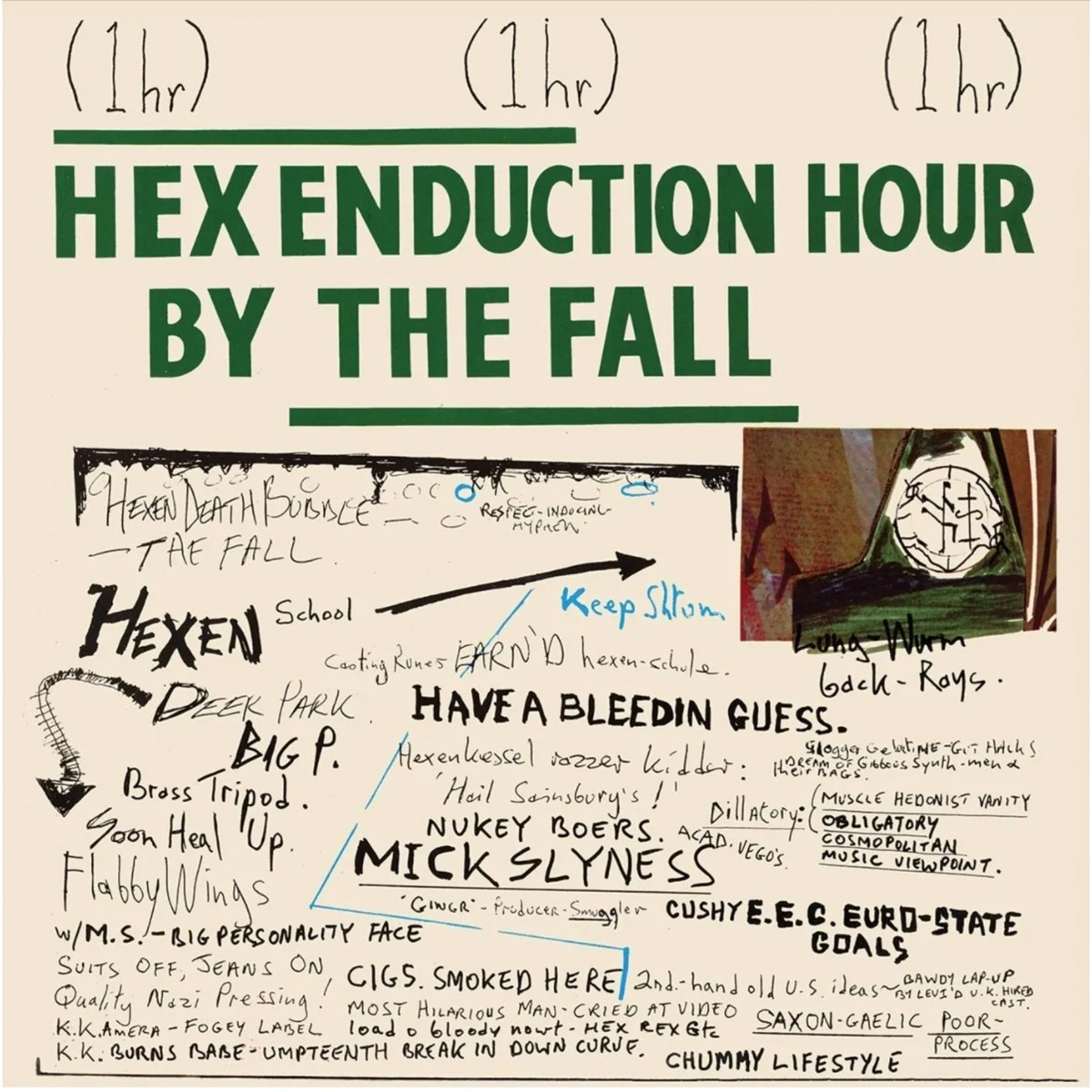 Poster con testo 'Hex Enduction Hour by the Fall', varie note manoscritte e un disegno.