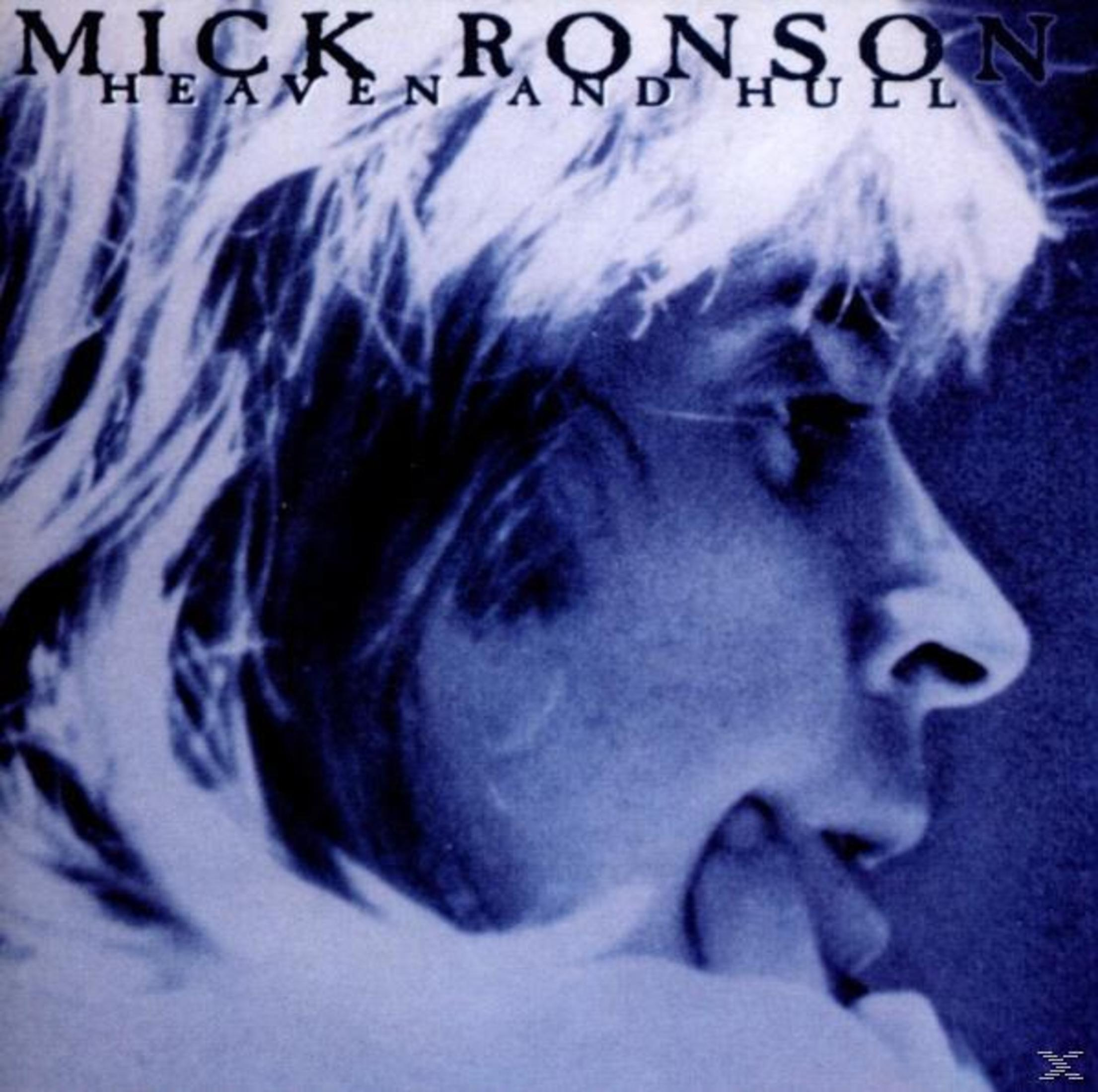 Albumcover: Mick Ronson, Profilansicht, Blautönung. Nahaufnahme des Gesichts, Zunge berührt Lippen. Text: Heaven and Hull.