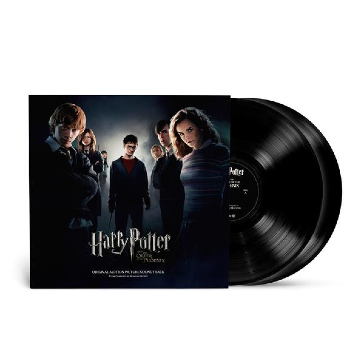 Copertina dell'album della colonna sonora di Harry Potter e l'Ordine della Fenice con il cast e due vinili neri.