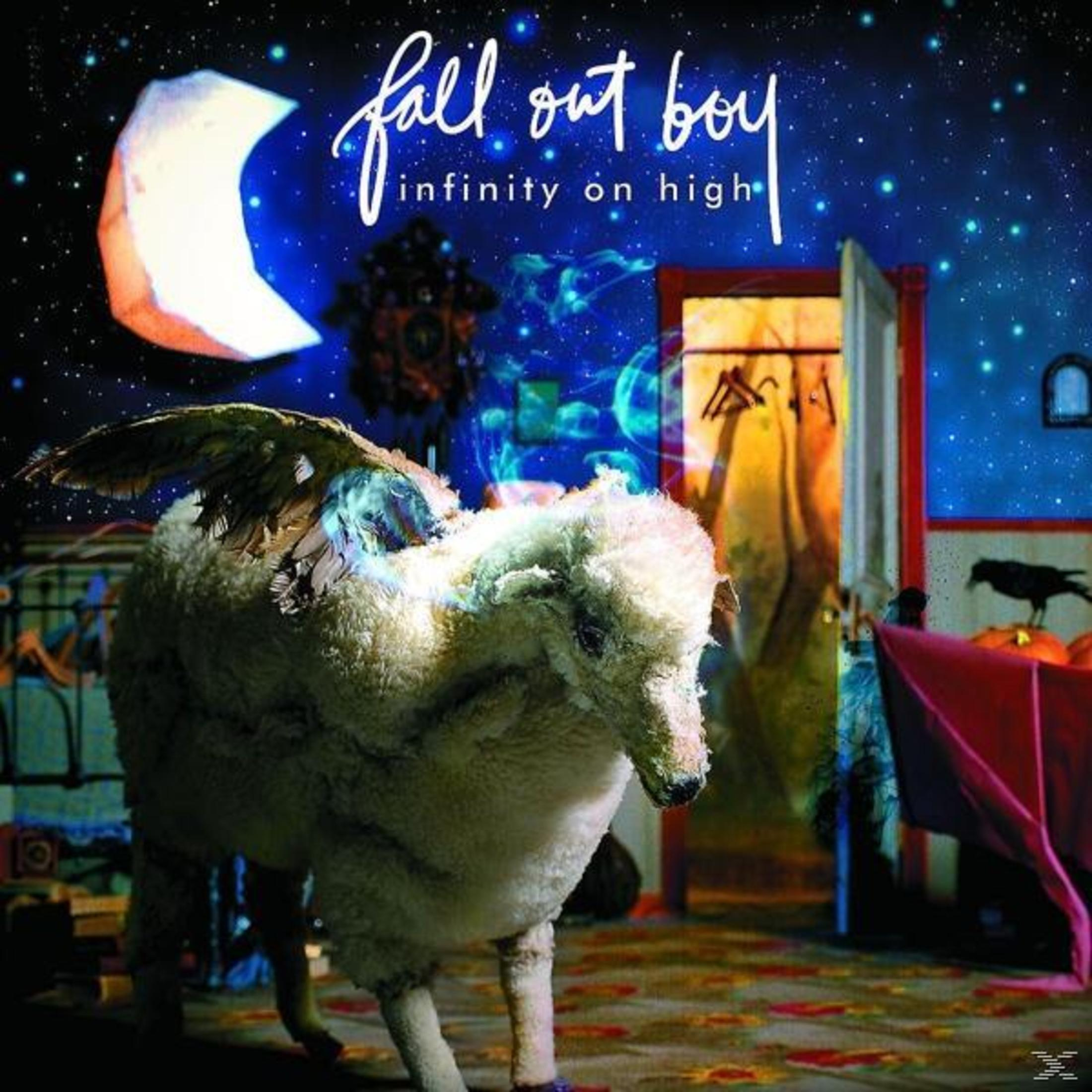 Una pecora alata è in una stanza. Il cielo è scuro con una luna. Le parole 'Fall Out Boy' sono scritte in bianco.