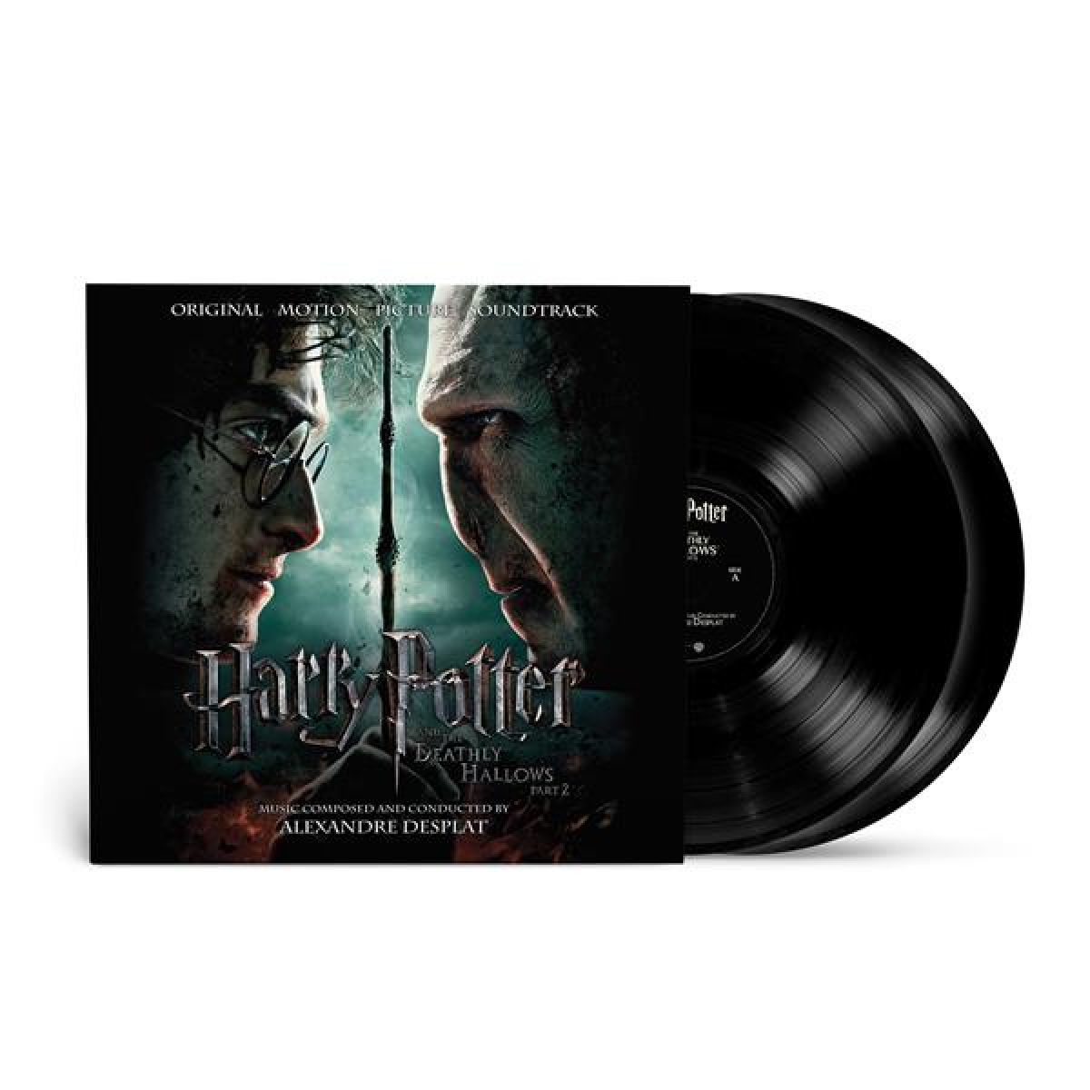 Vinile di Harry Potter. La copertina mostra Harry e Voldemort. Due vinili neri sul lato destro dell'immagine.