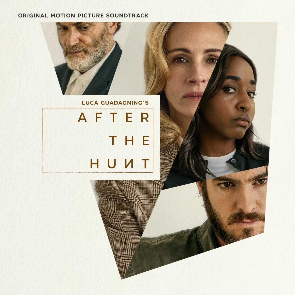 Poster per la colonna sonora di After the Hunt. I volti degli attori sono incollati. Il testo recita 'After the Hunt' e 'Luca Guadagnino's'.