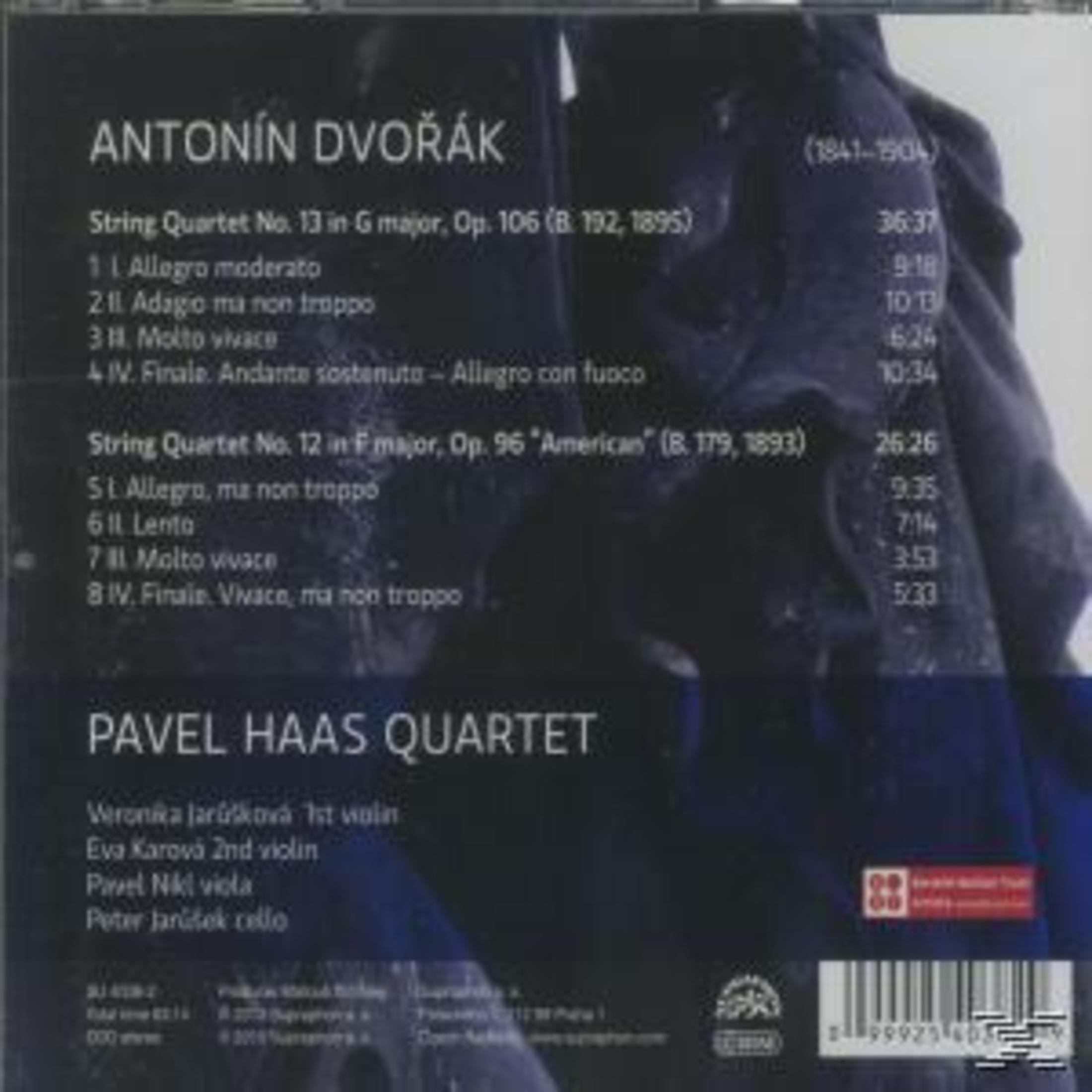 CD-Cover für Antonín Dvořáks Streichquartette mit dem Pavel Haas Quartet. Text enthält Titel und Spielzeiten.