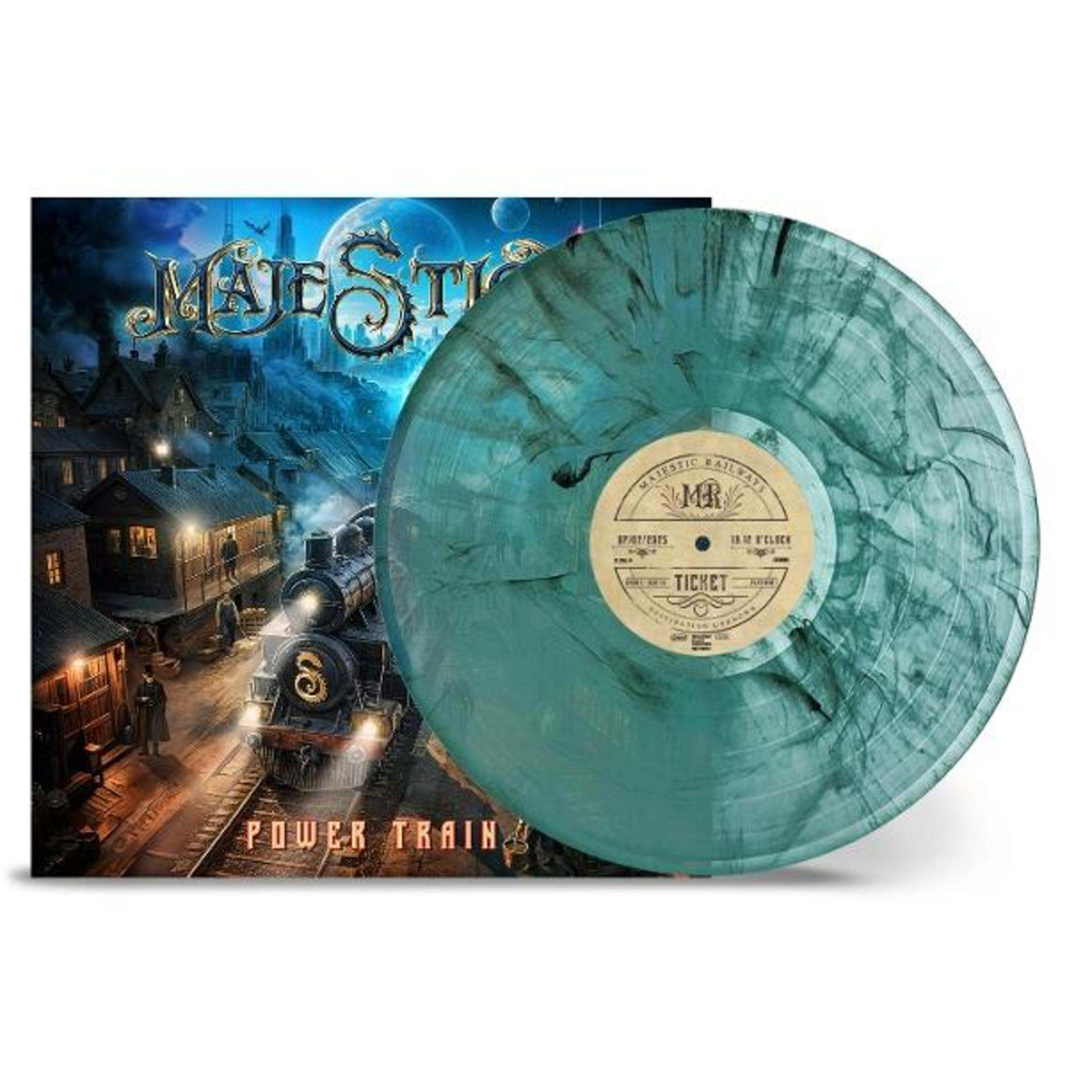 Copertina dell'album: album Majestic, treno a vapore, vinile verde acqua. L'etichetta dice 'Majestic Railway'. Arte scura e dettagliata.