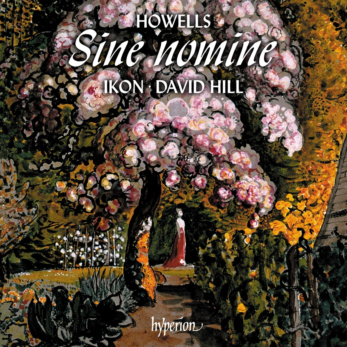 Una donna in abito rosso è in piedi sotto un albero con fiori rosa. Il titolo "Sine nomine" è sopra. È visibile un giardino.