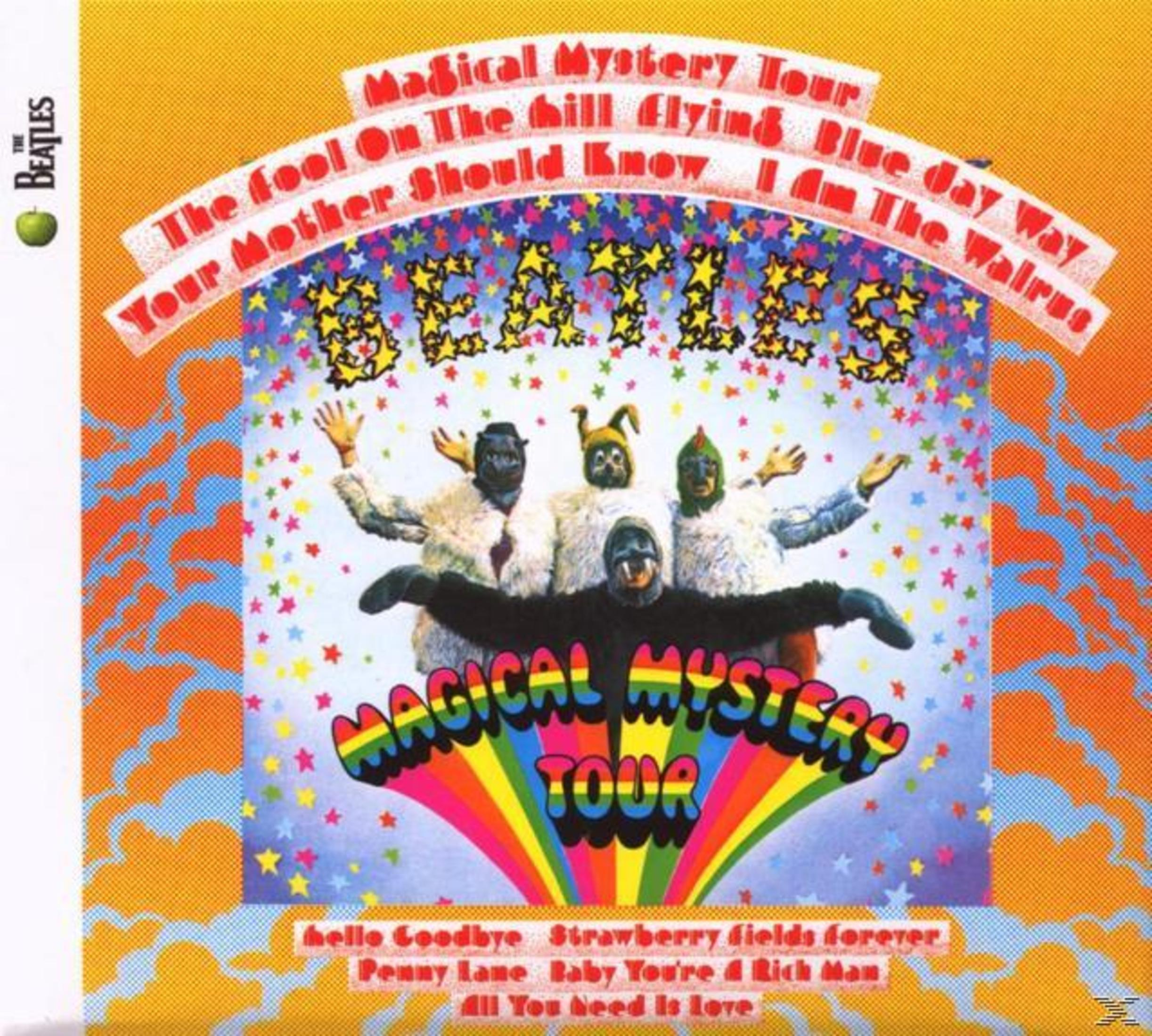 Copertina dell'album con i Beatles in costume. Testo e design colorati, con titoli di canzoni. Colori arancione, blu e giallo.