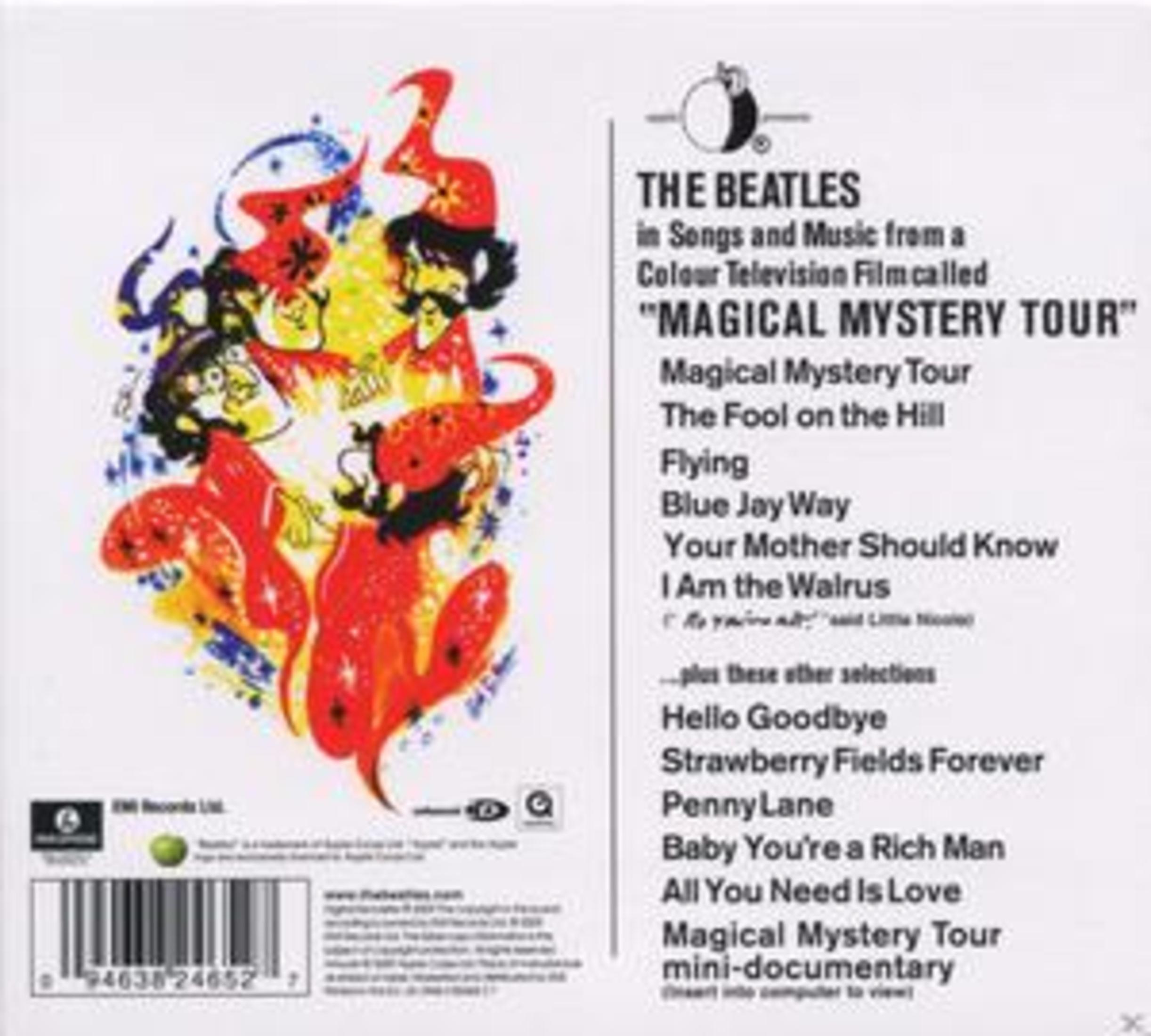 Copertina dell'album Magical Mystery Tour dei Beatles. Presenta arte astratta colorata e titoli di canzoni.