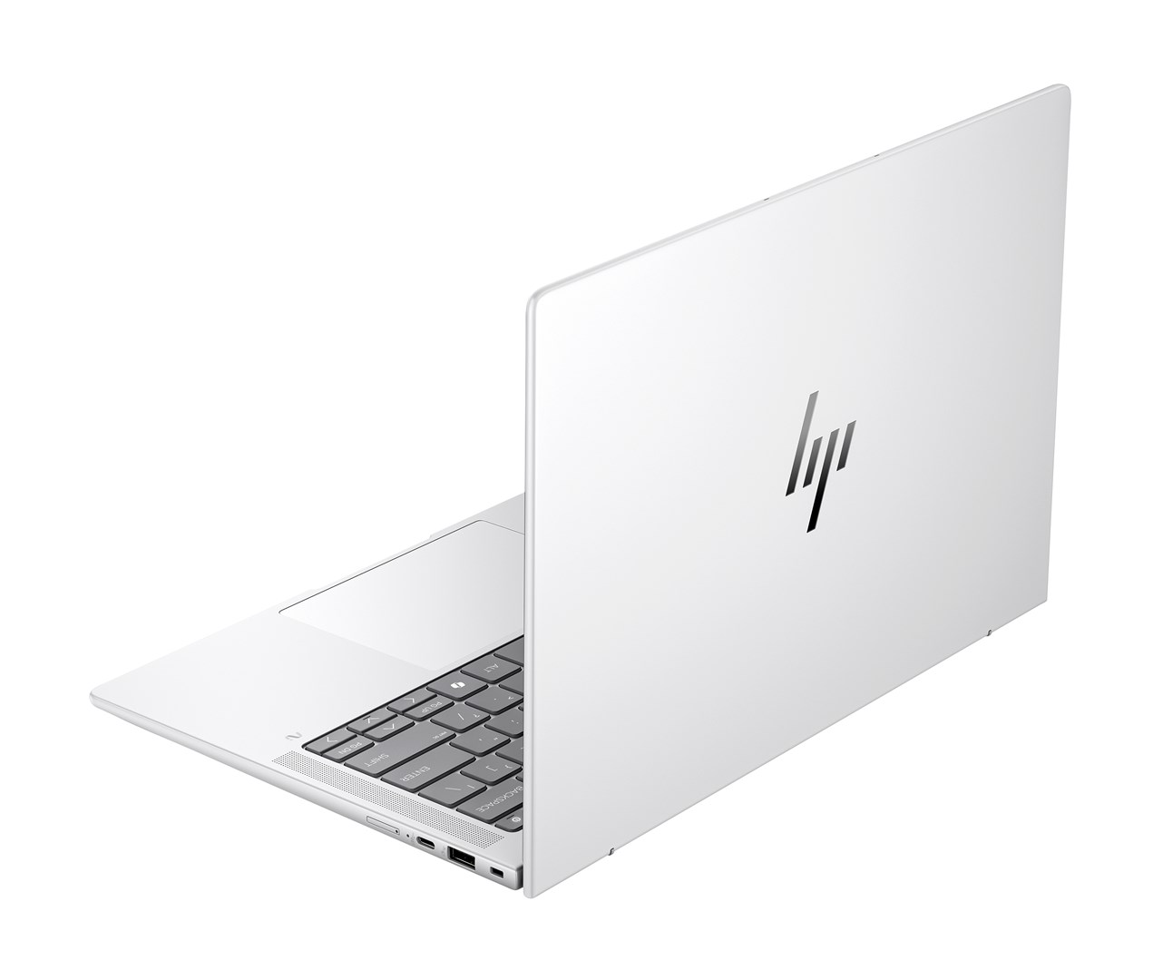 Biały laptop HP z otwartą pokrywą. Klawiatura jest widoczna, a logo HP znajduje się z tyłu.