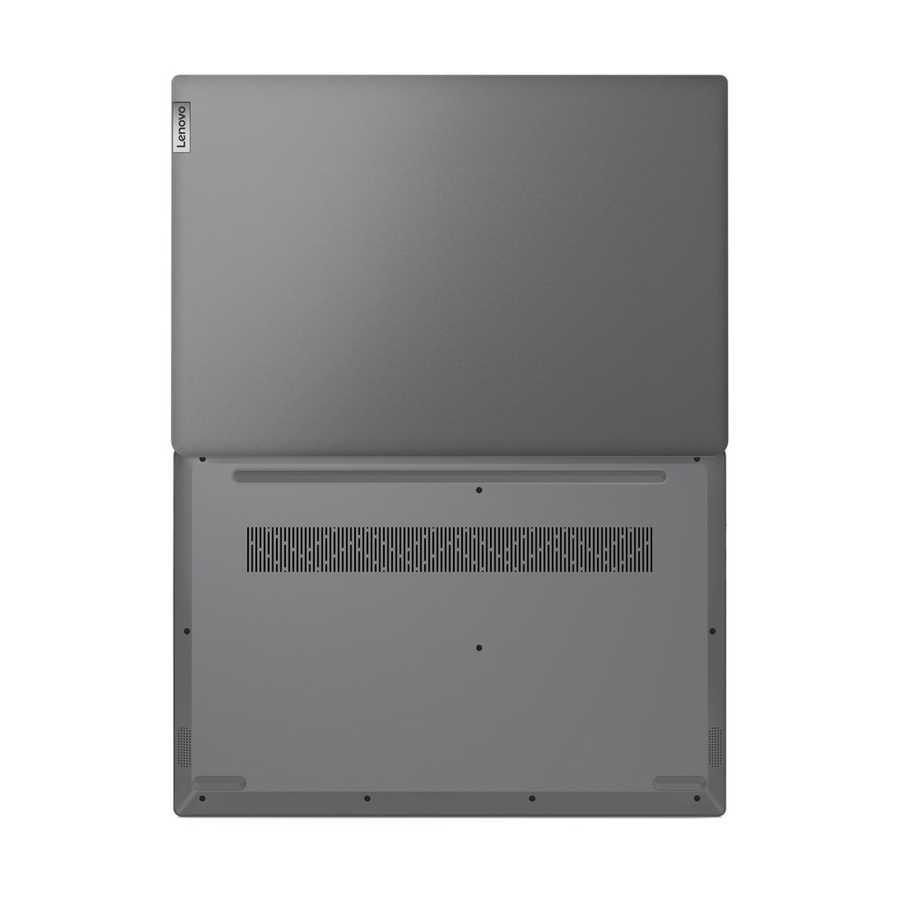 Se muestra un portátil Lenovo gris desde arriba. La pantalla está abierta, revelando el área del teclado. El logotipo de Lenovo es visible.