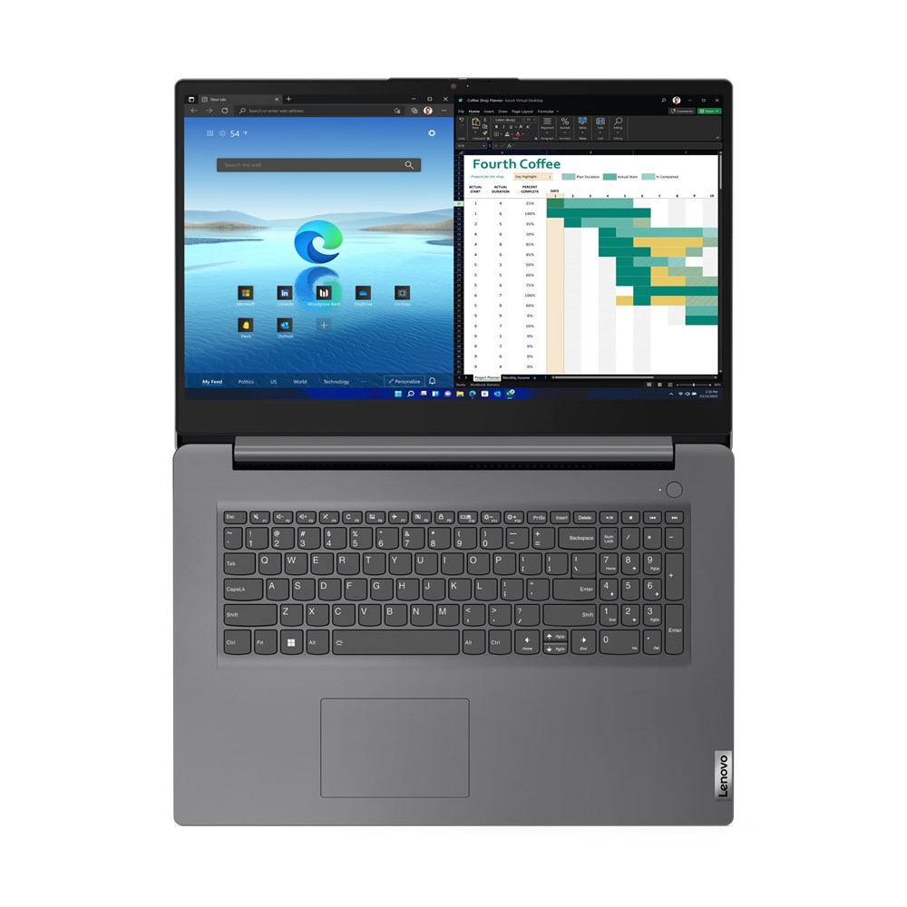 Una laptop Lenovo está abierta, mostrando un navegador web y un diagrama de gestión de proyectos. El teclado es visible y la pantalla está encendida.