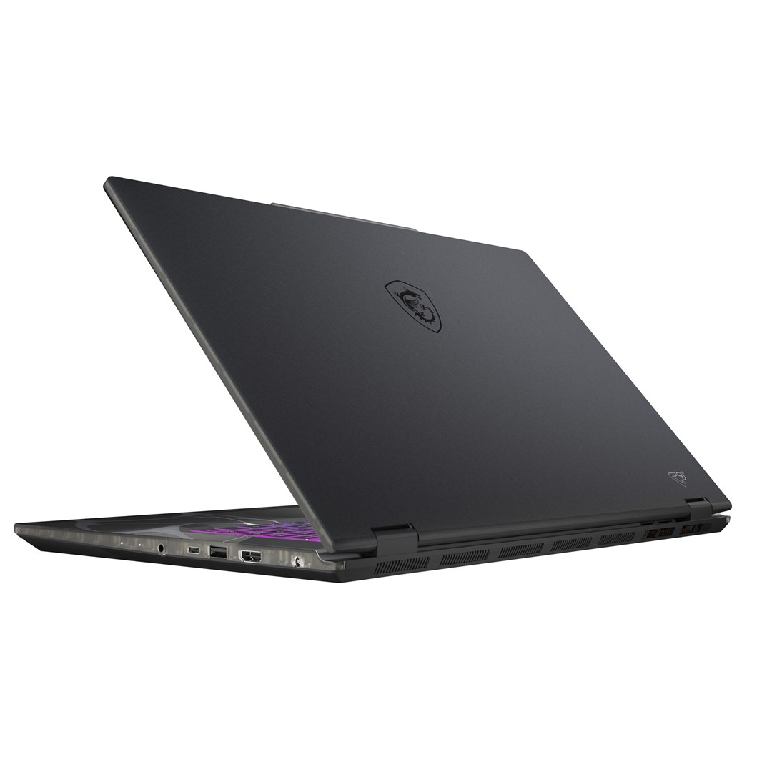 A black MSI laptop, slightly open, revealing a keyboard with purple and white lights. The background is white.