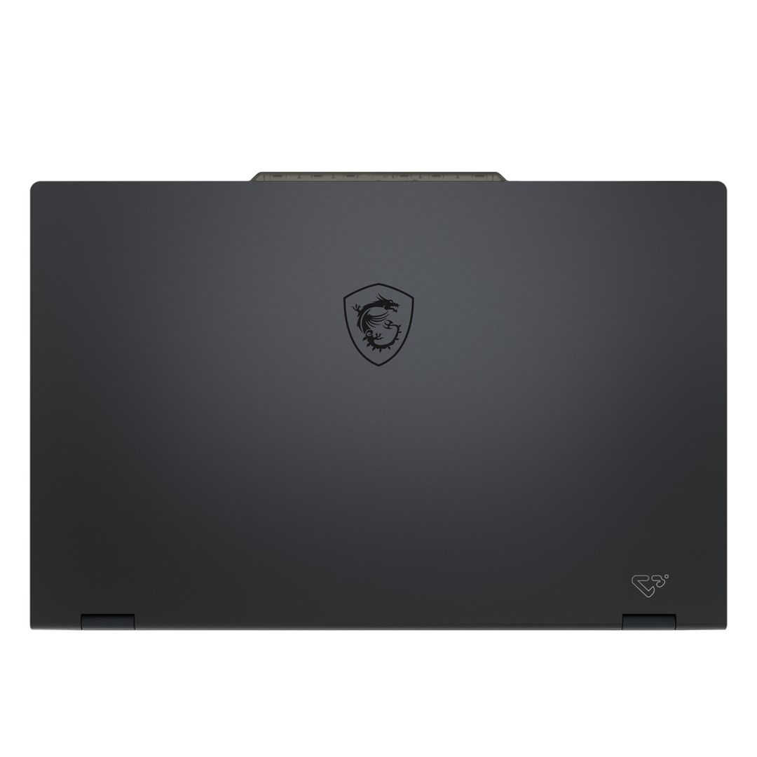 Top view of a dark gray laptop. The MSI logo is centered. A small logo is in the bottom right corner.