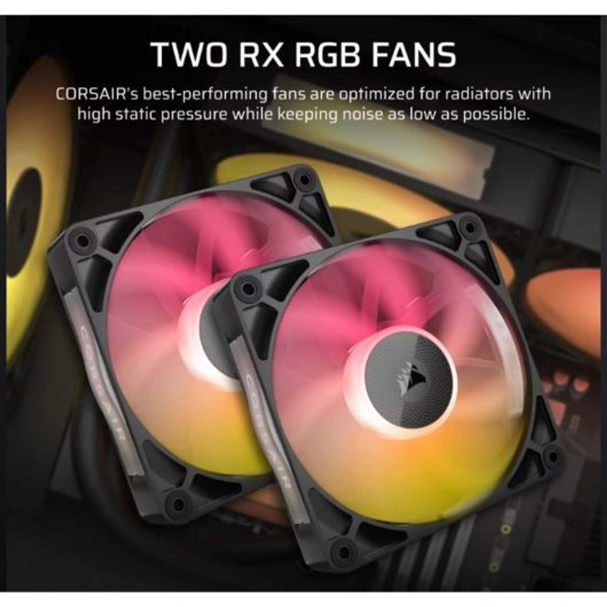 Two RGB computer fans are shown, displaying pink and yellow lights, set against a dark background.