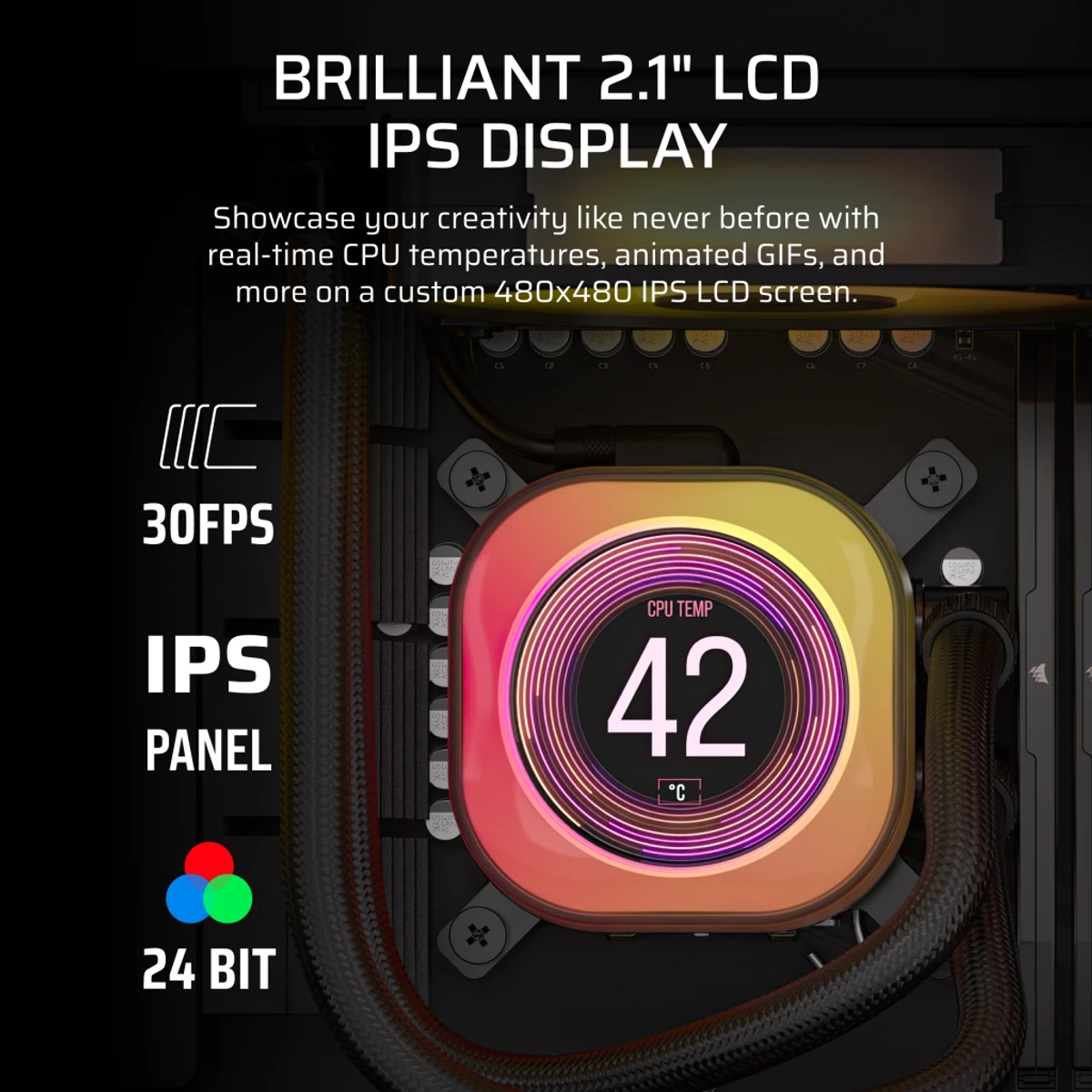 A computer component with a screen showing 42 degrees. Text includes 30FPS, IPS, 24 BIT, and screen specs.