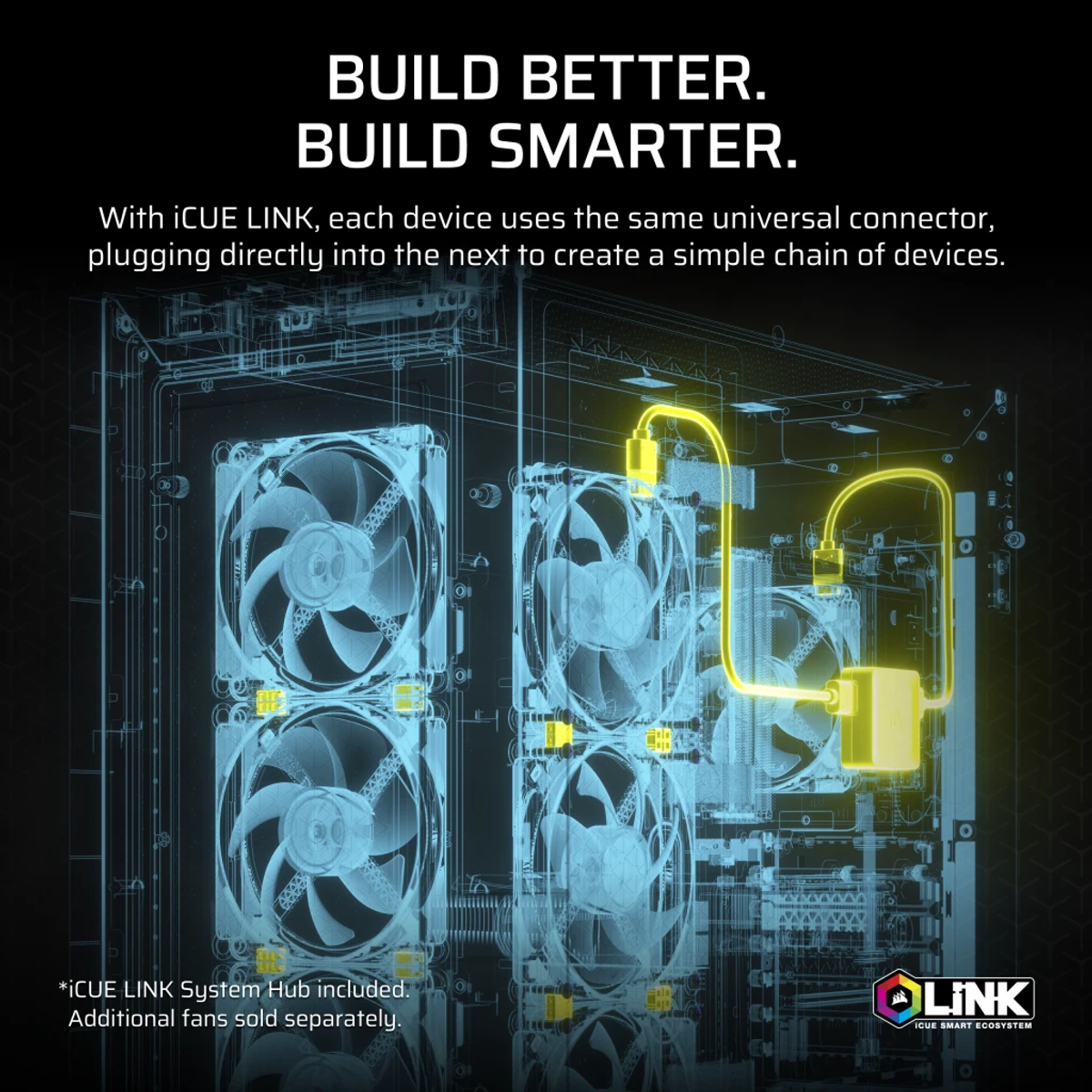 PC components with fans and yellow connectors. Text says 'BUILD BETTER. BUILD SMARTER.' iCUE LINK system hub.