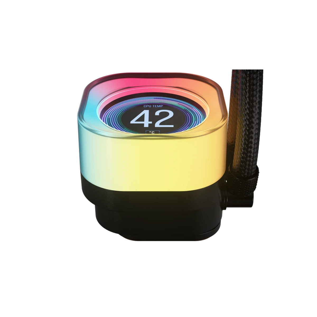 A computer liquid cooler with a screen displaying '42' and a rainbow-lit frame. Black background, with a black braided tube.