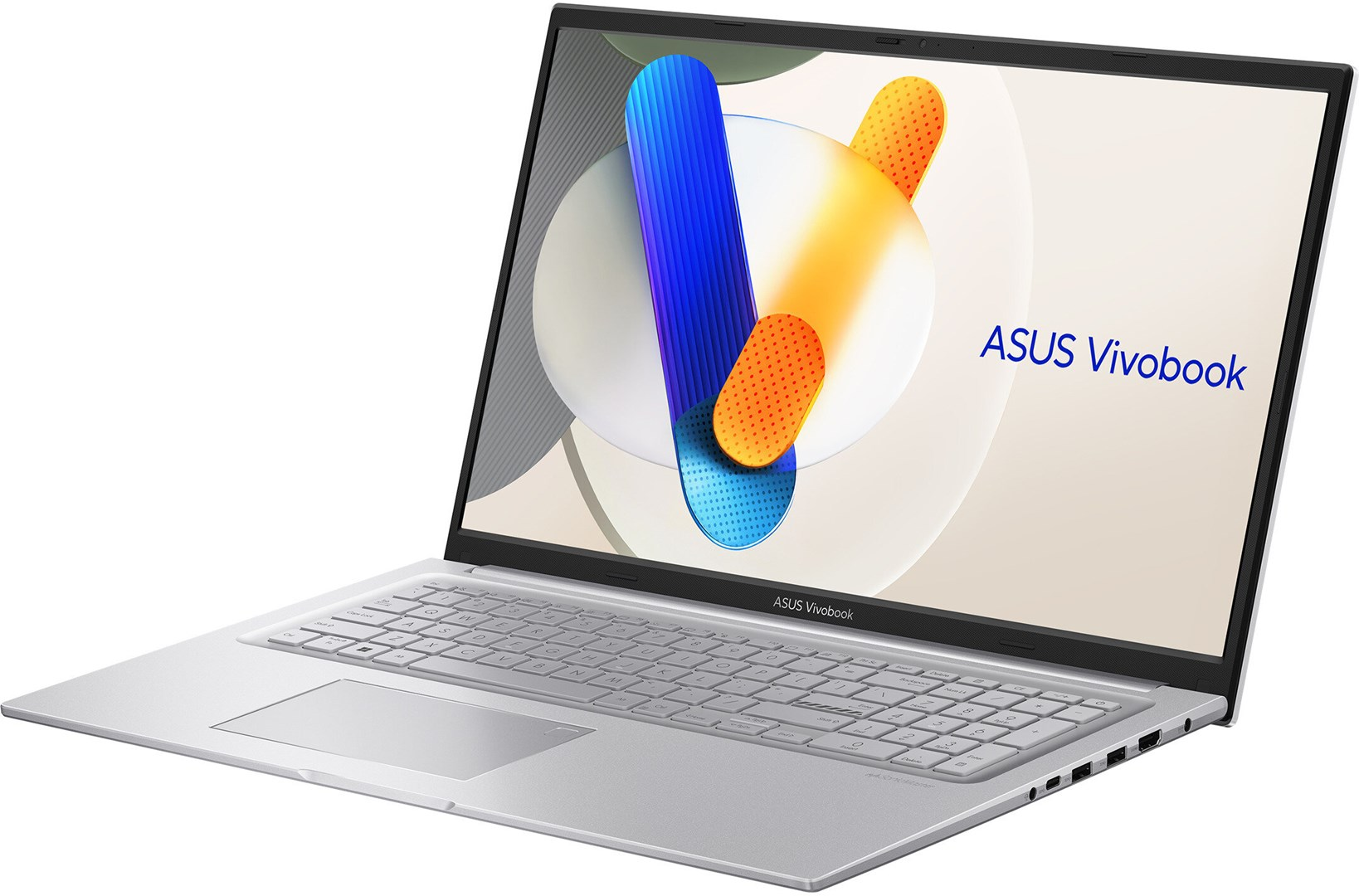 Silver ASUS Vivobook laptop open. Screen displays abstract art. Keyboard and touchpad visible. White background.